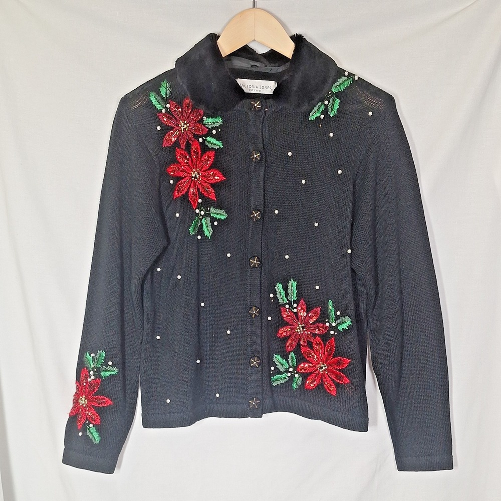 Victoria Jones Petite M Christmas Embroidered Fur Collar Ugly Holiday Sweater